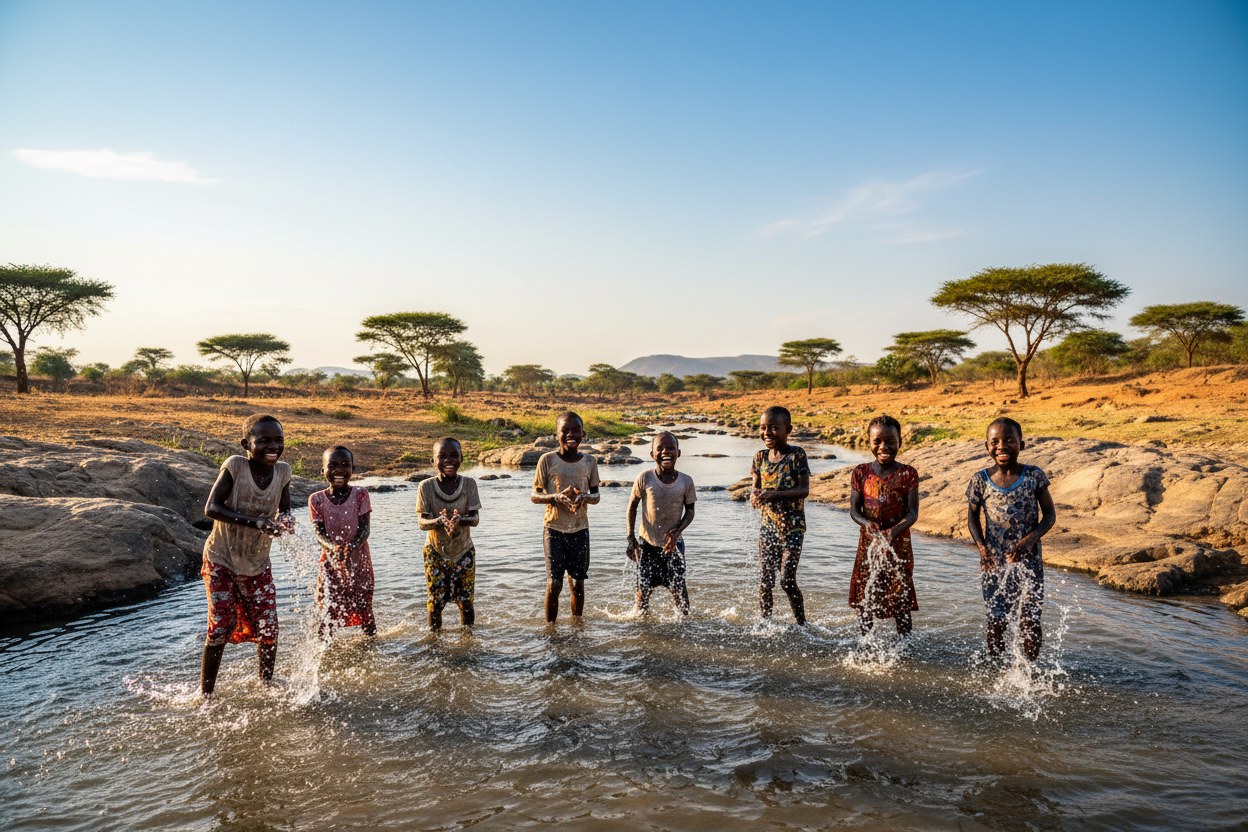 Joyful Ghanaian children playing in a river